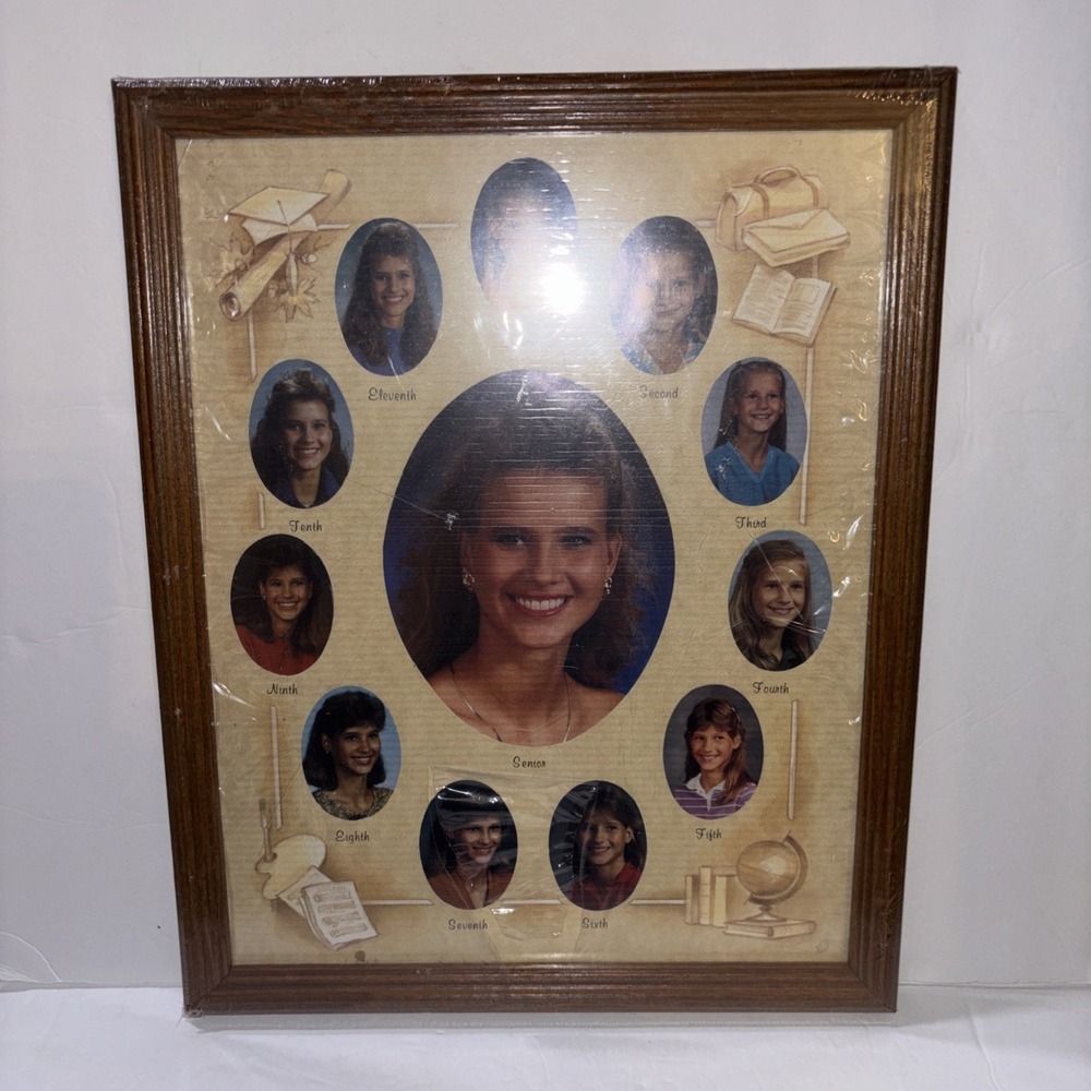 Vtg Collage School Picture Wooden Photo Frame 1st - 12th Grade Brown 15x 12 New